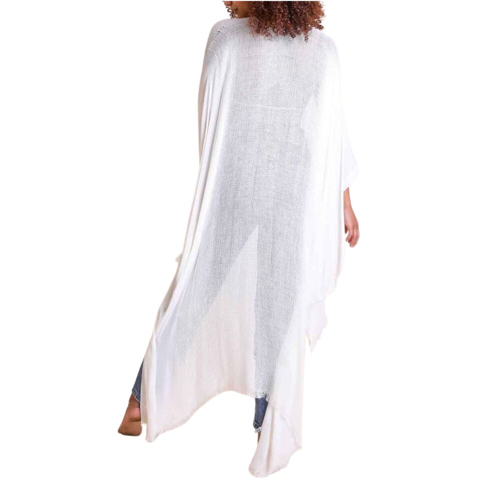 White Frayed Kimono Open Grid Fabric One Size Casual Fringes Wrap Duster Gifts - Picture 2 of 2